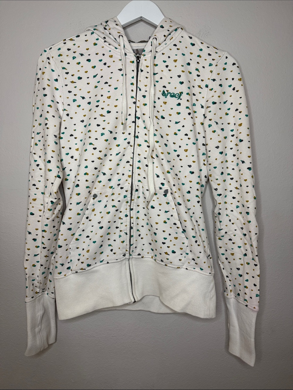Reef Cream Zip Hoodie with Green & Gold Dot Print